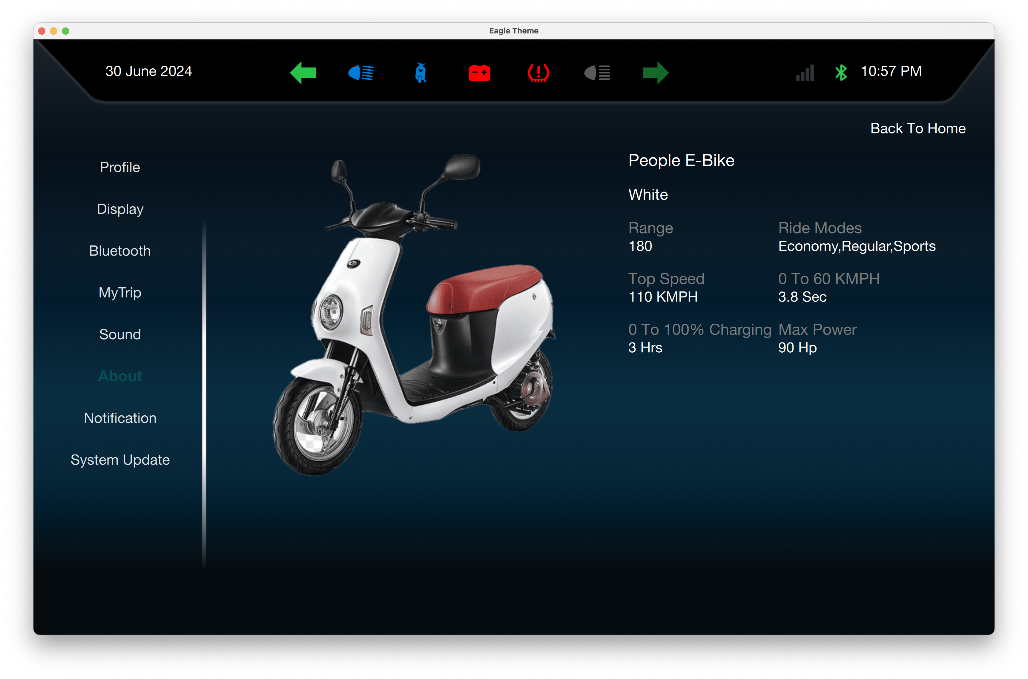 Dark Vehicle Specifications Qt/QML interface screenshot
