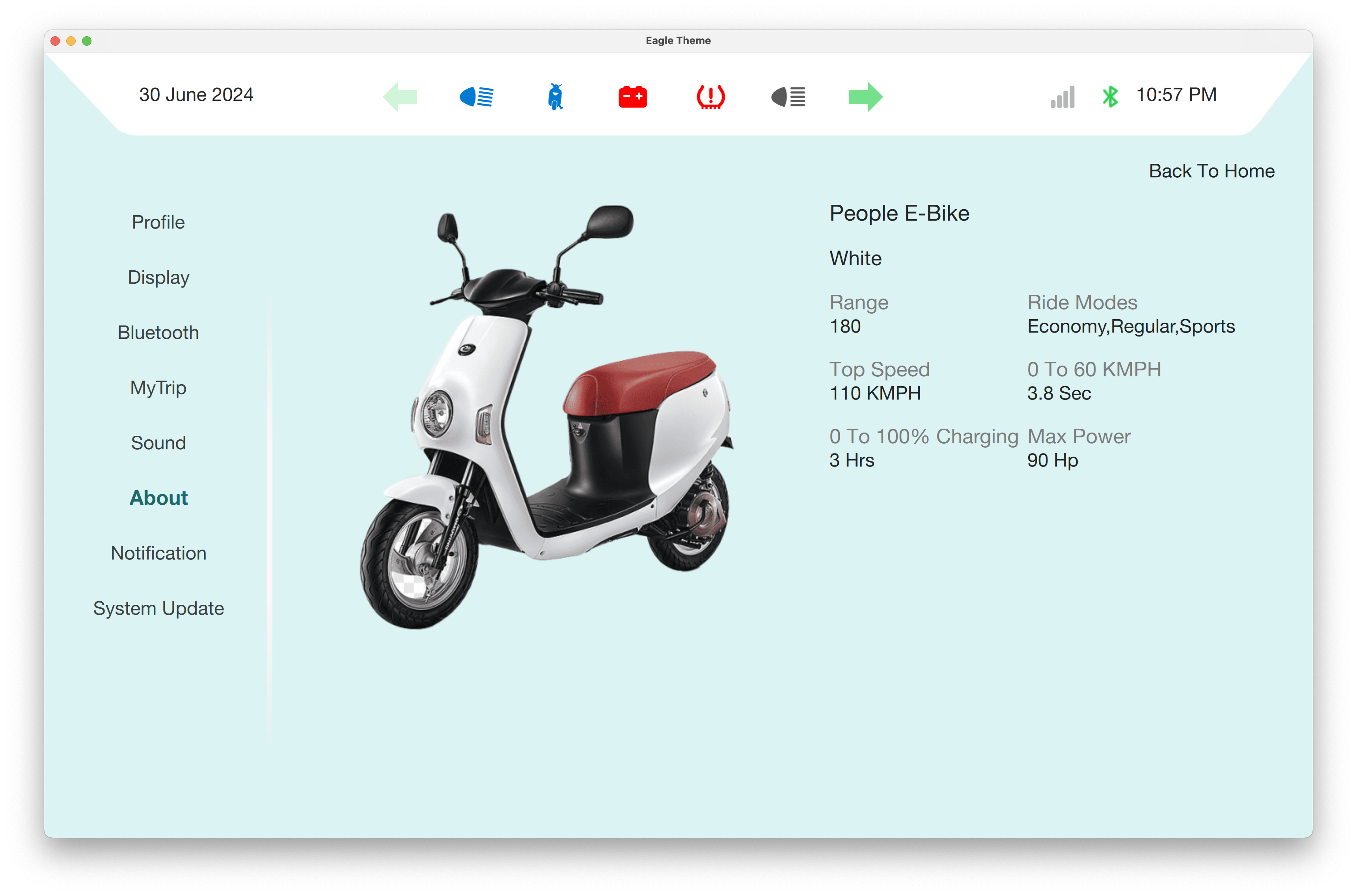 People E-Bike Specifications Qt/QML interface screenshot
