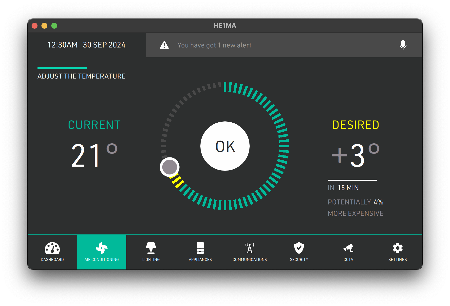 Temperature Adjustment Dial Qt/QML interface screenshot