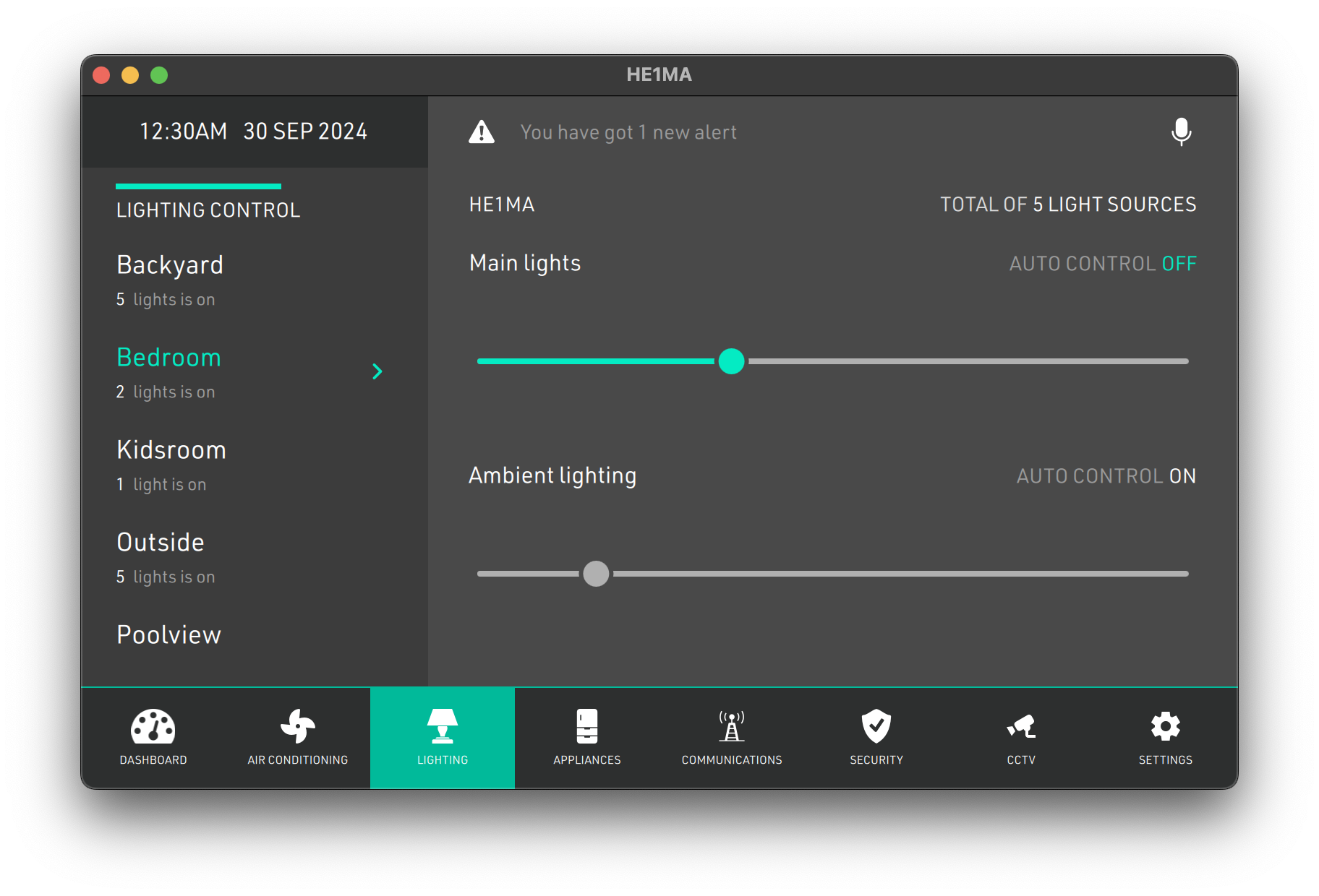 Room Lighting Control Qt/QML interface screenshot