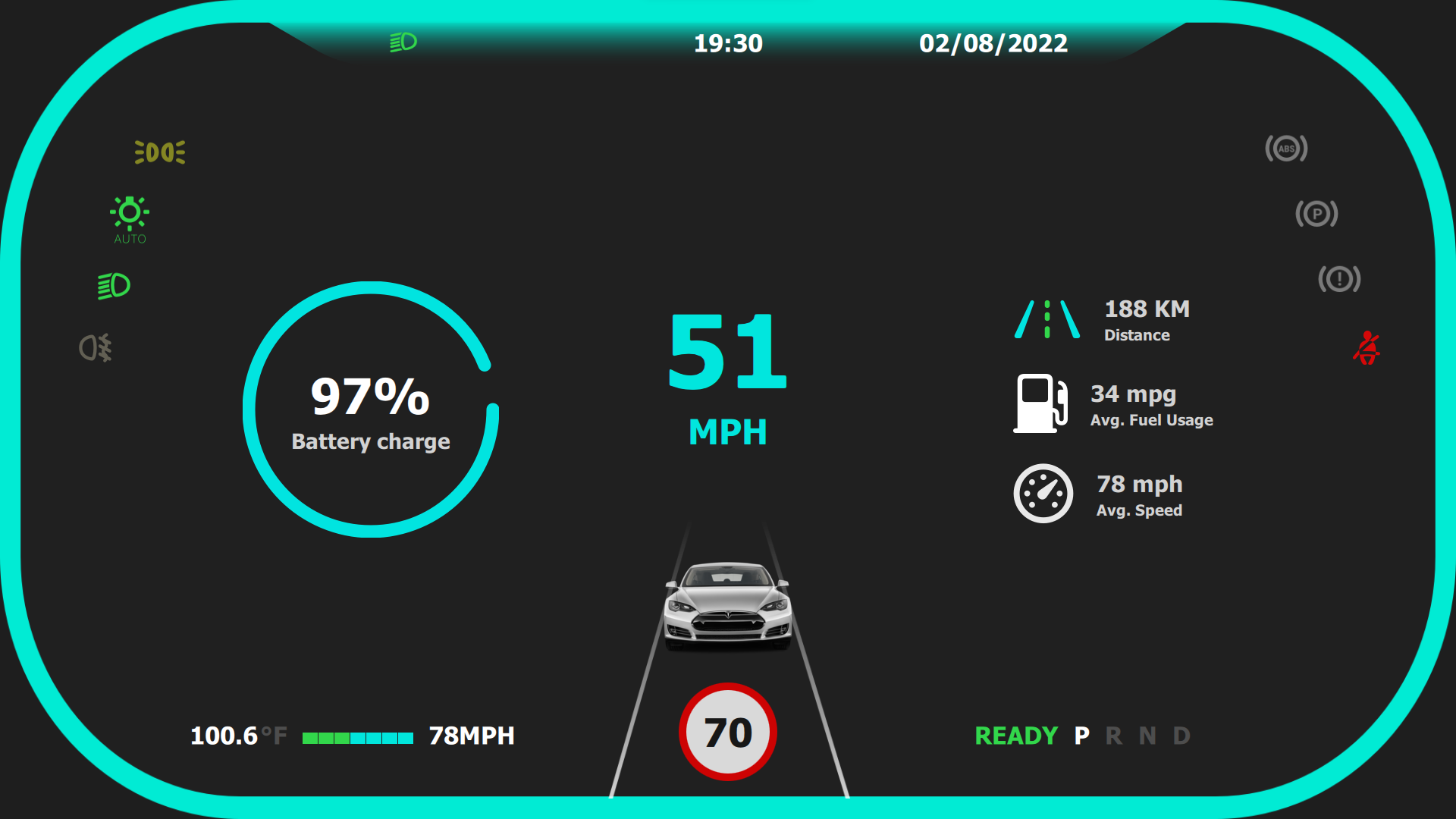 Battery, Speed, And Range Qt/QML interface screenshot