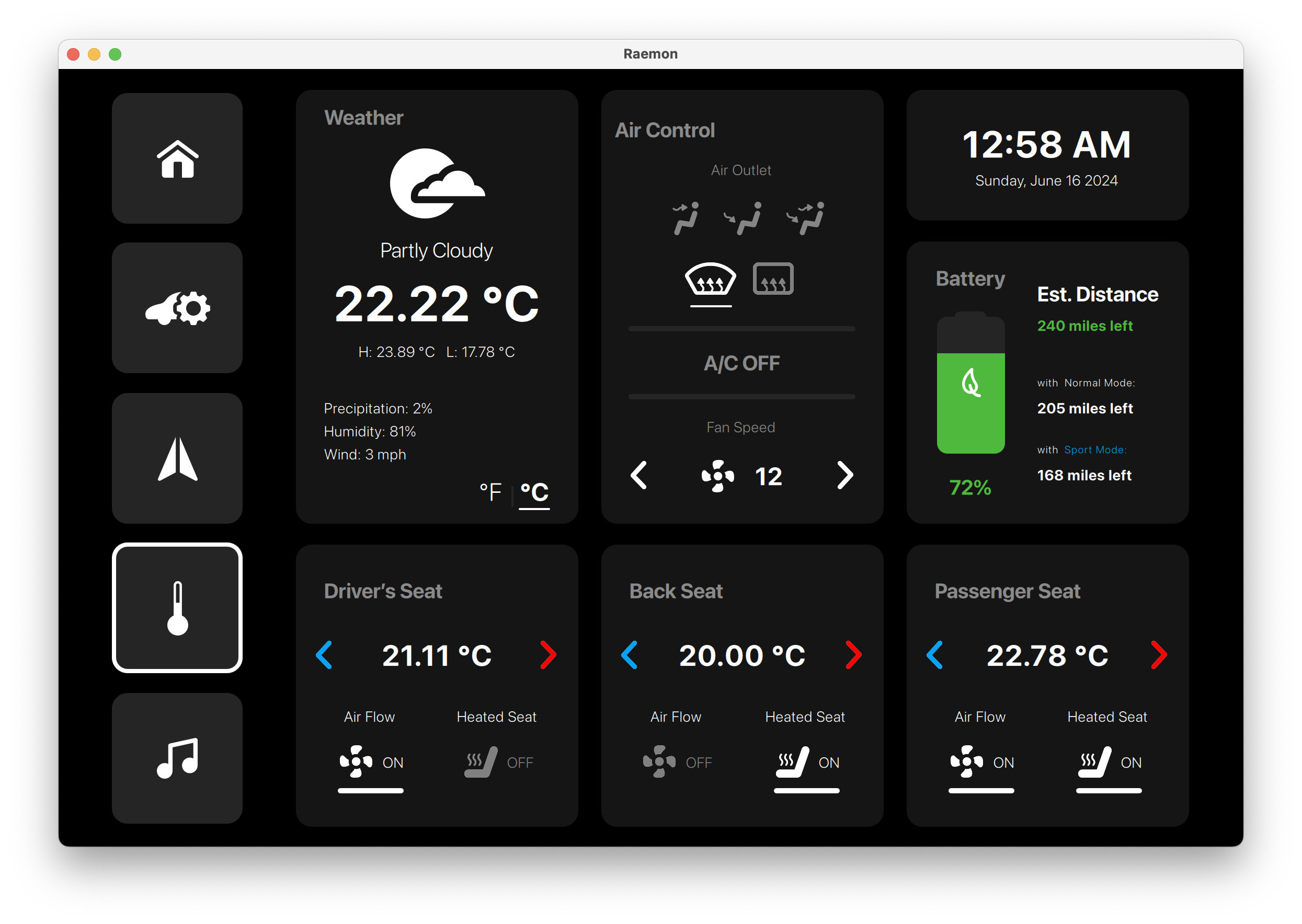 Climate And Seat Control In Celsius Qt/QML interface screenshot