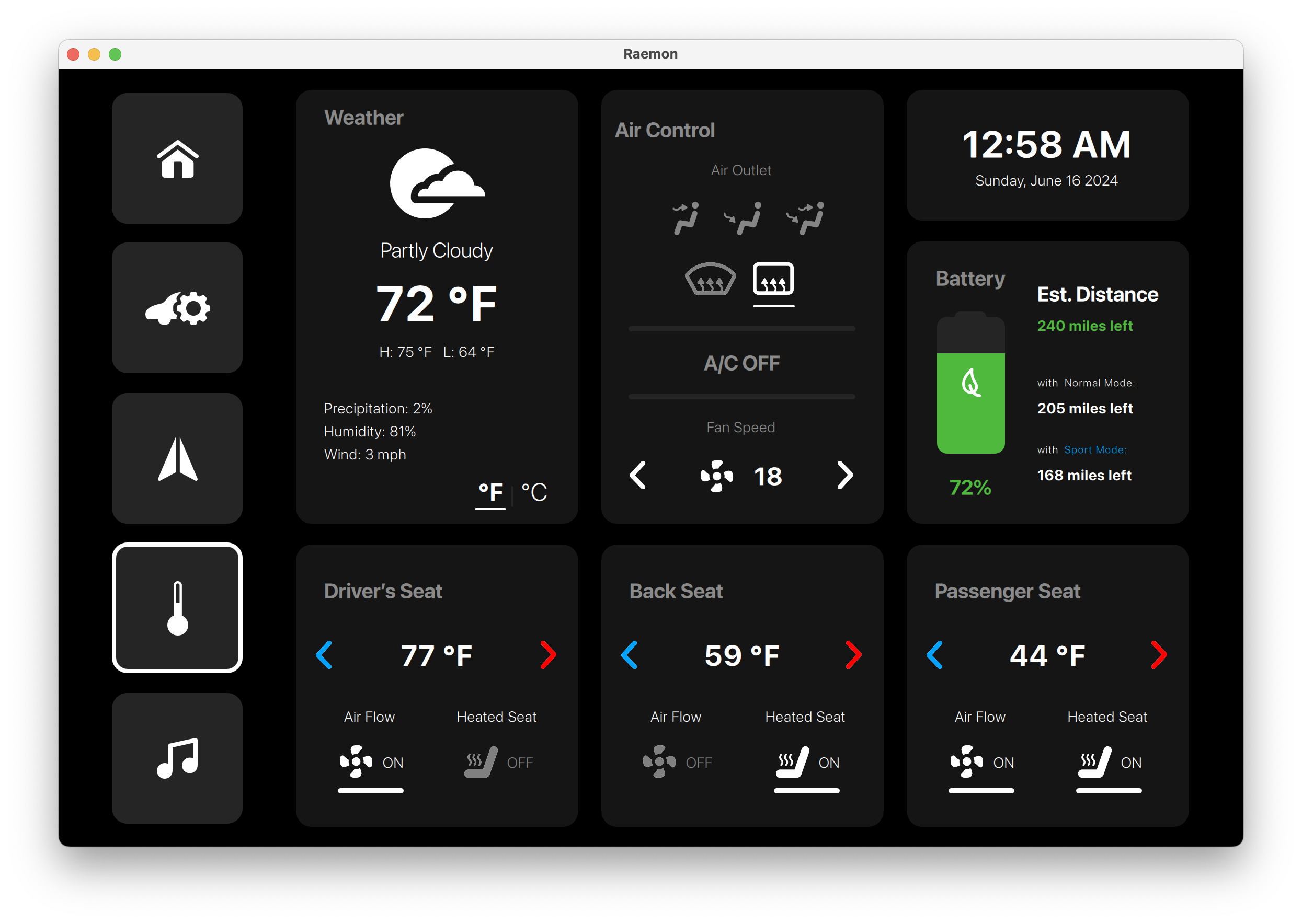Individual Seat Temperature State Qt/QML interface screenshot
