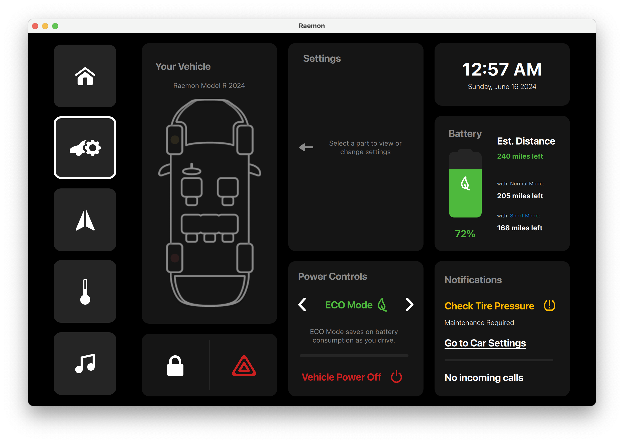 Eco Mode Vehicle Settings Qt/QML interface screenshot