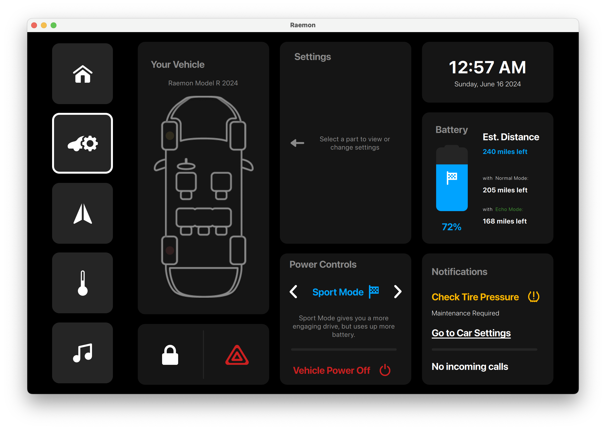 Sport Mode Vehicle Settings Qt/QML interface screenshot