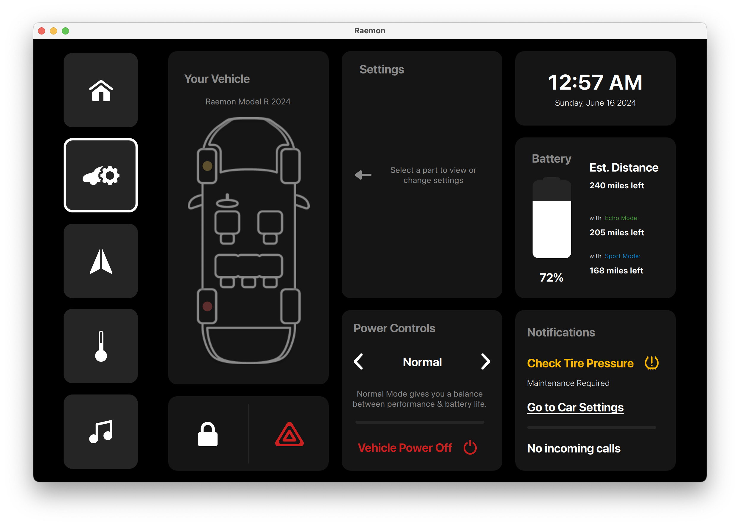 Normal Mode Vehicle Settings Qt/QML interface screenshot
