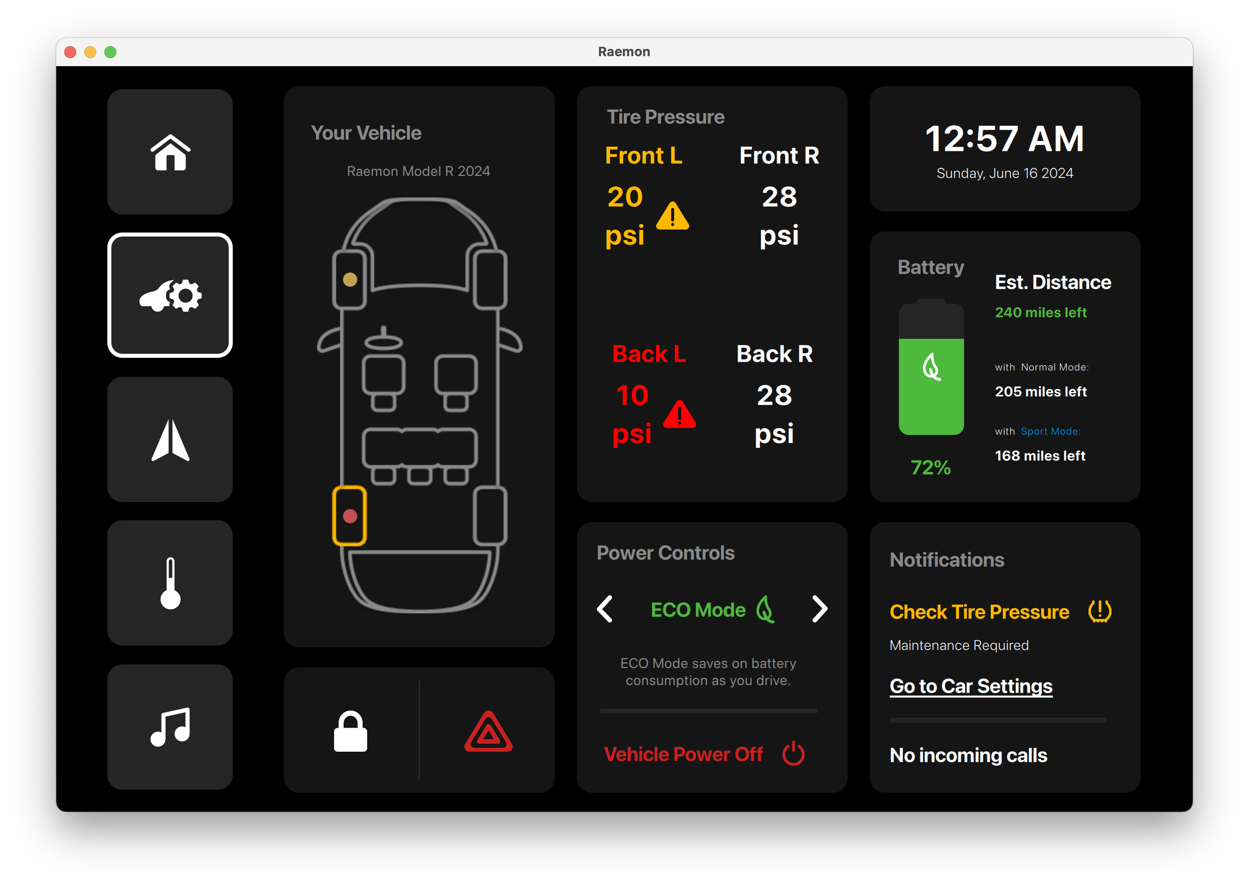 Tire Pressure Detail Qt/QML interface screenshot