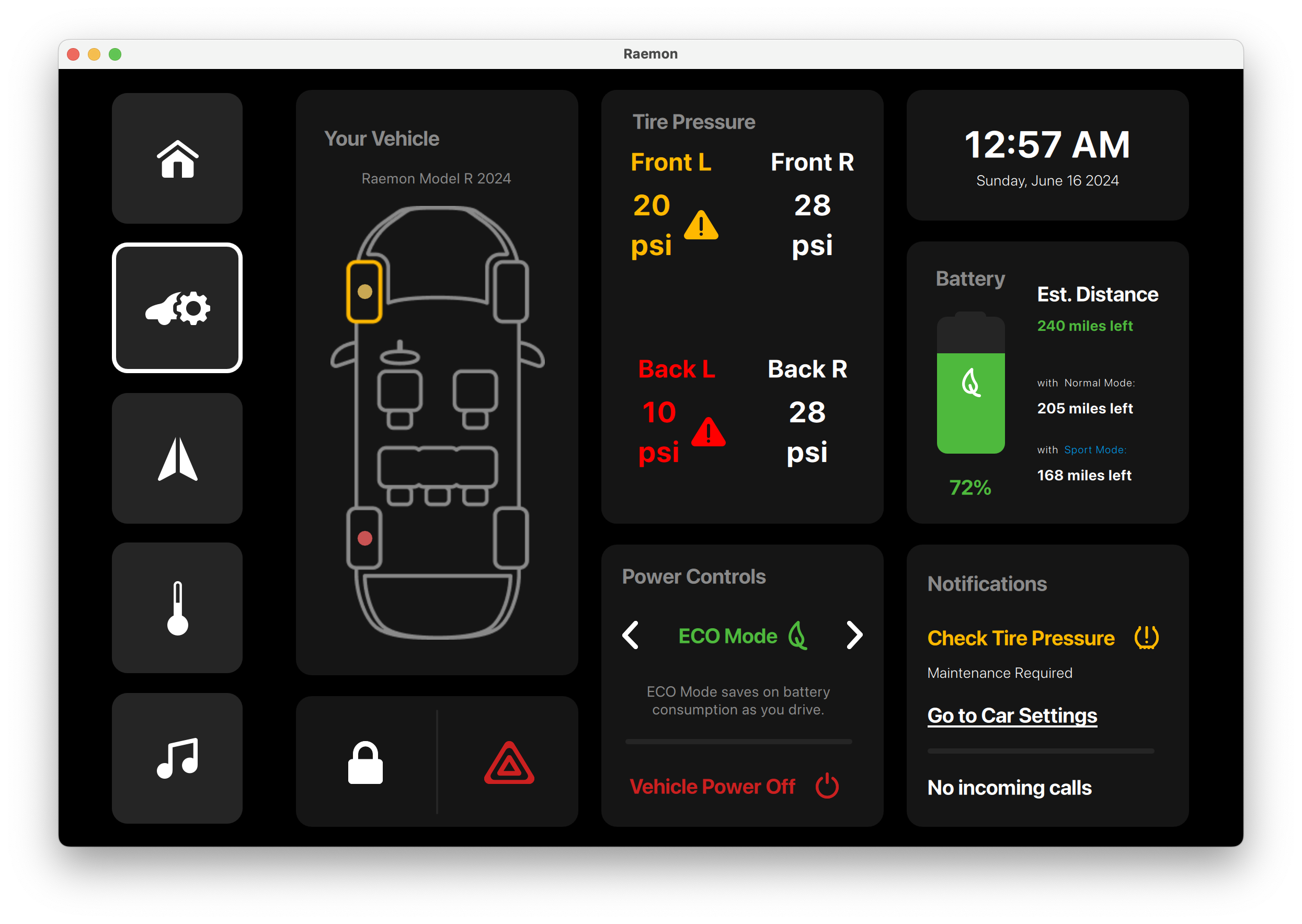 Tire Warning With Drive Mode Qt/QML interface screenshot