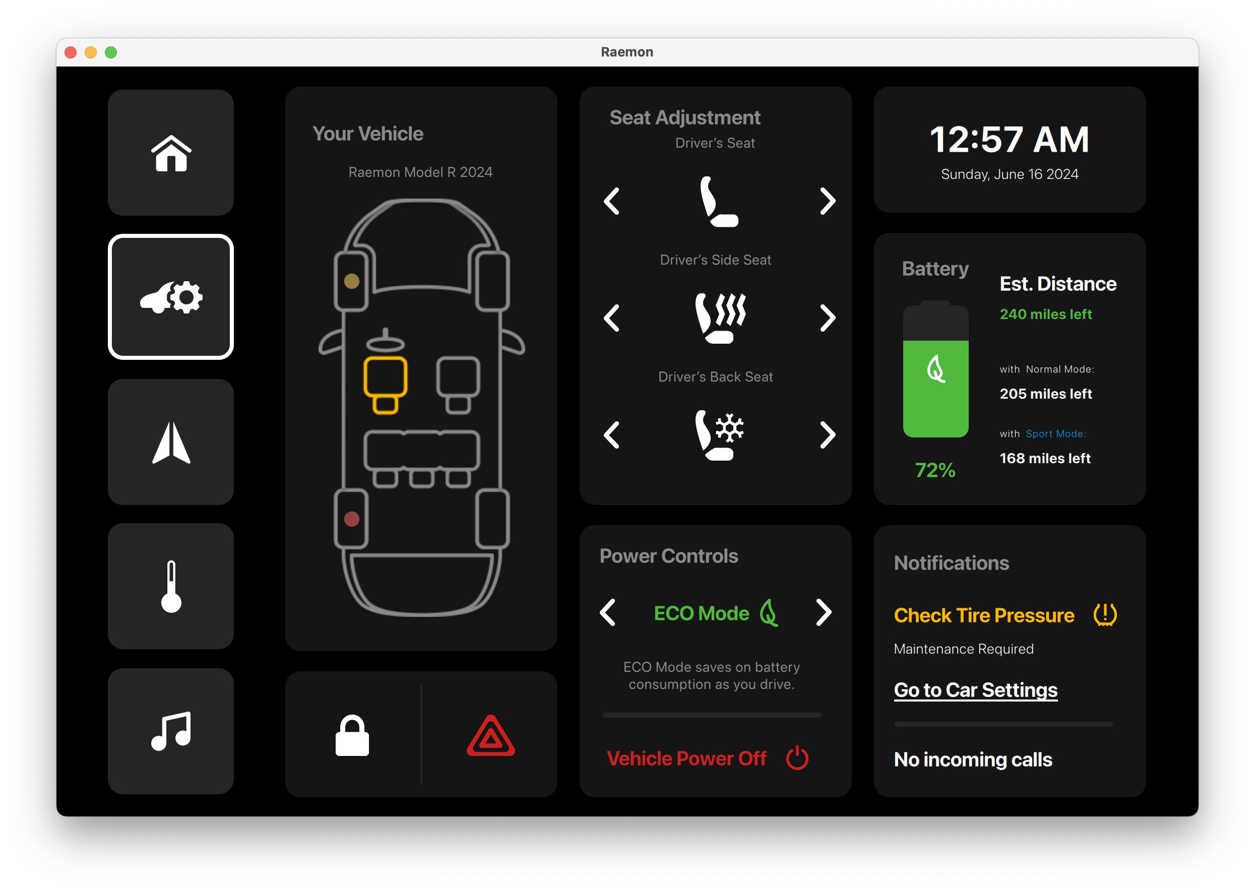 Seat Comfort Controls Qt/QML interface screenshot