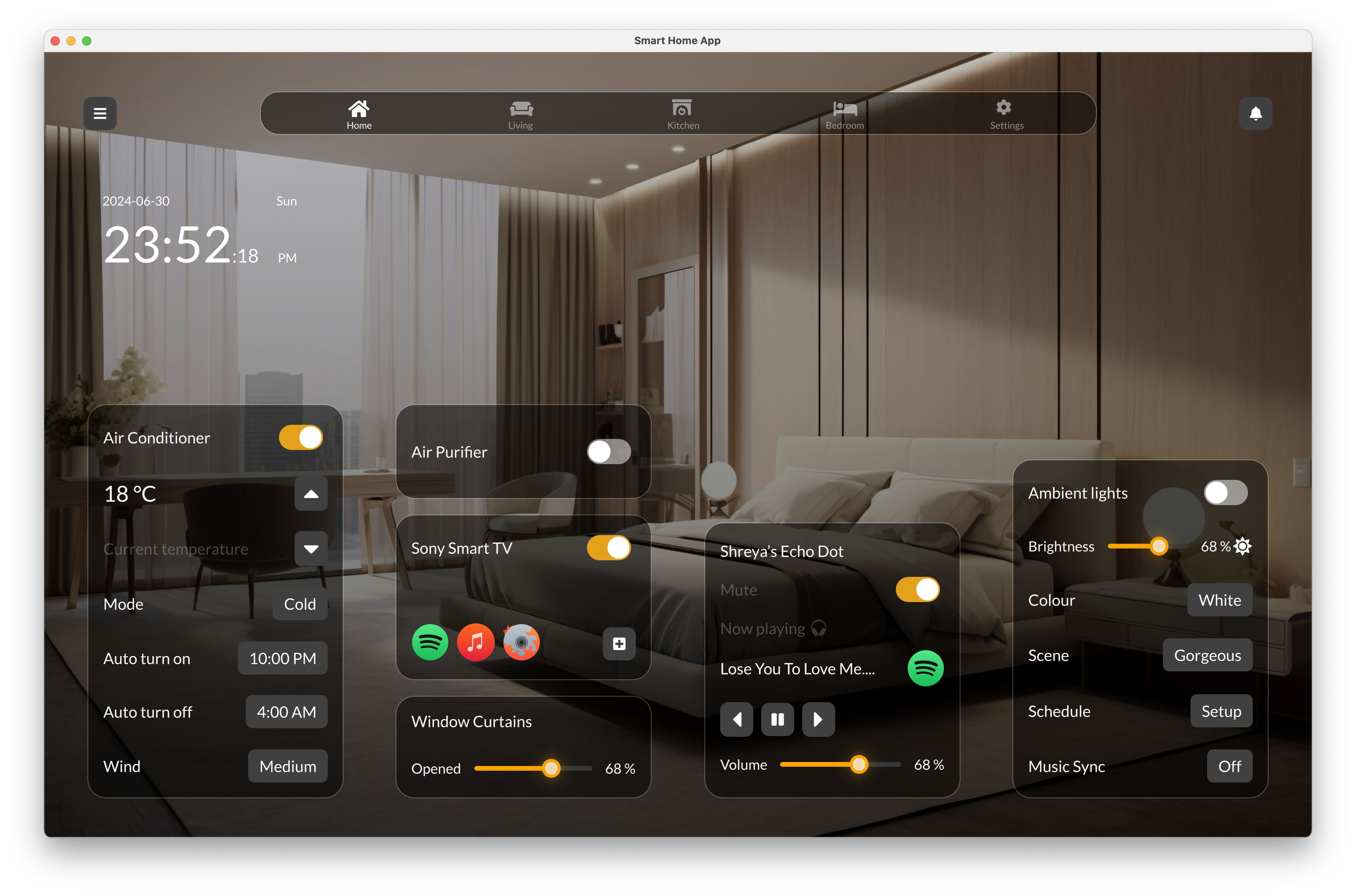 Bedroom Control Overlay Qt/QML interface screenshot