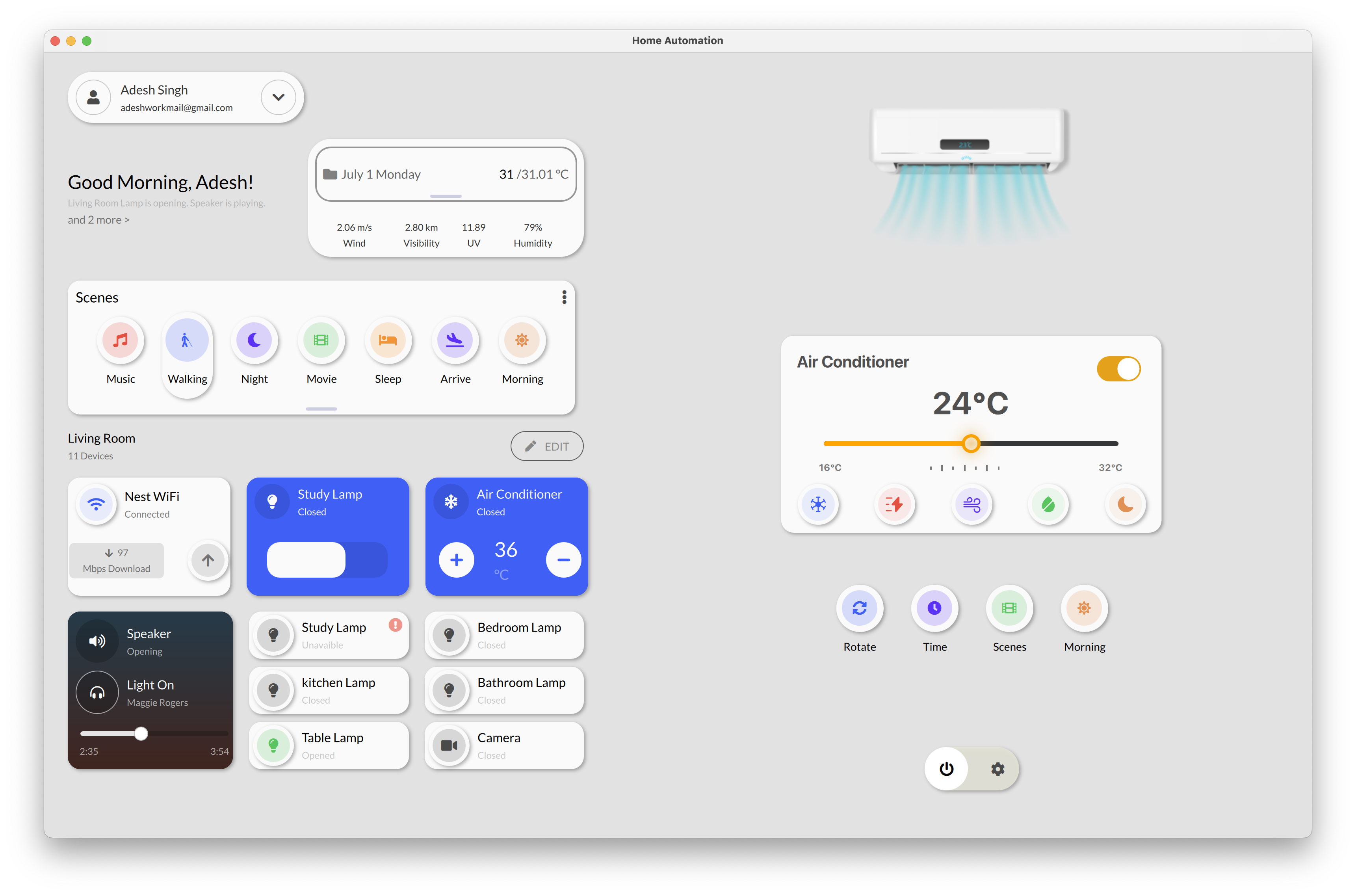Air Conditioner Control Qt/QML interface screenshot