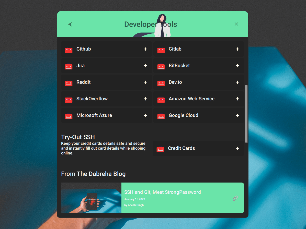 Developer Tools Login List Qt/QML interface screenshot