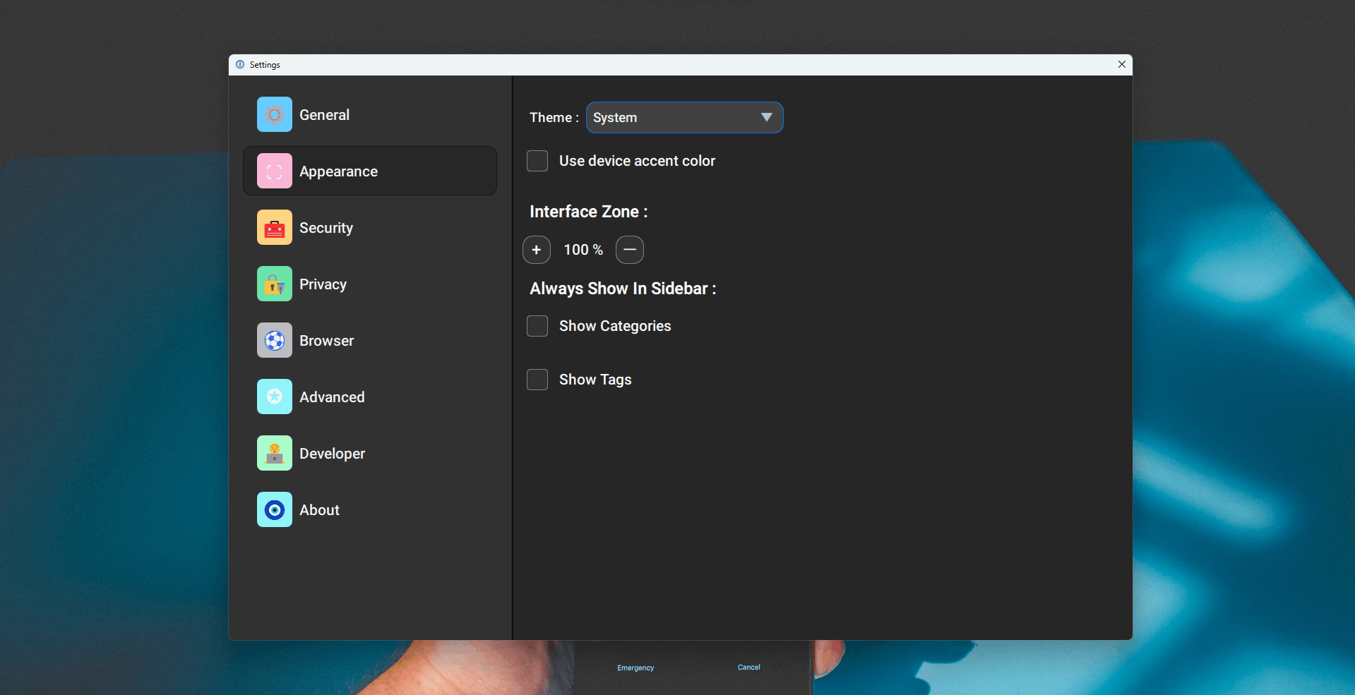Appearance Settings Qt/QML interface screenshot