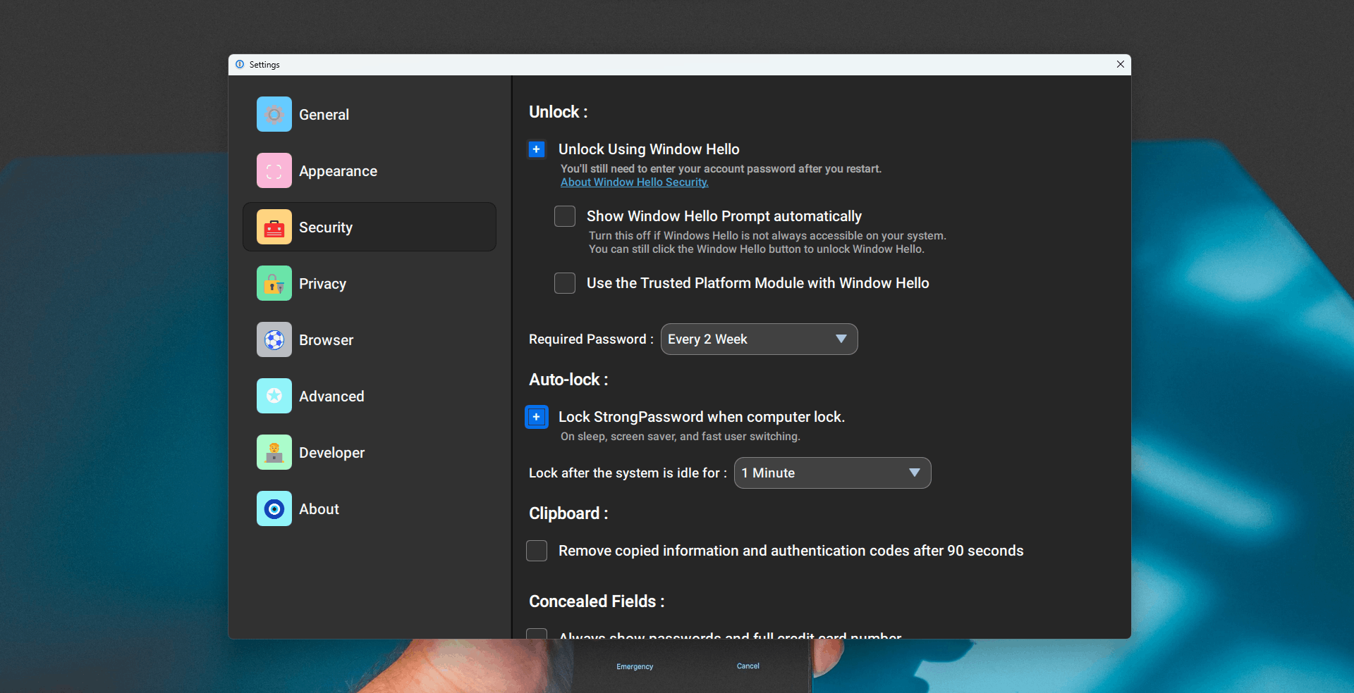 Security And Auto-Lock Settings Qt/QML interface screenshot