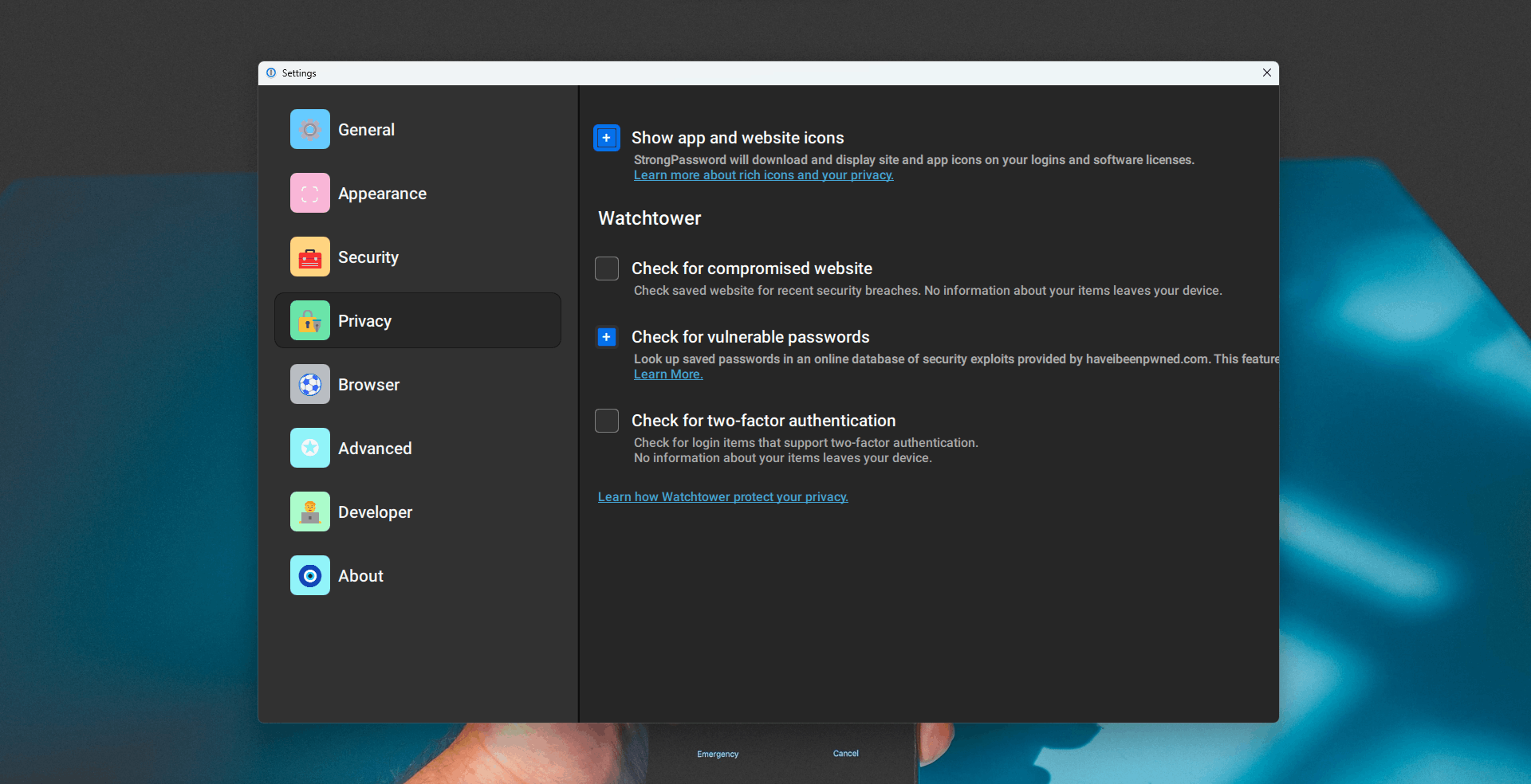 Privacy And Watchtower Settings Qt/QML interface screenshot