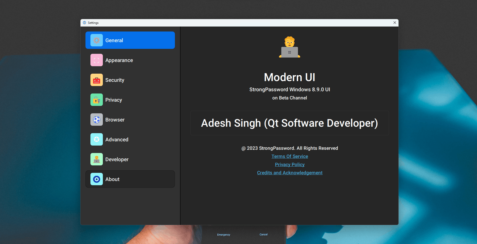About And Profile Screen Qt/QML interface screenshot