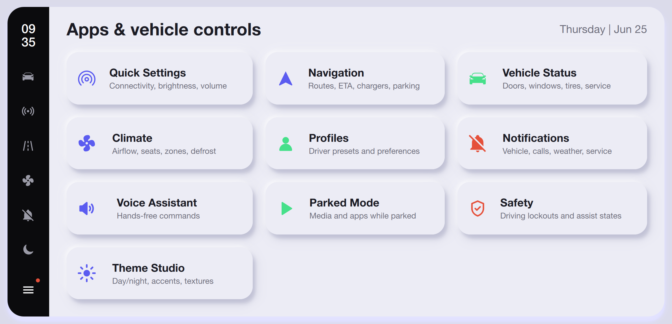 Apps & Vehicle Controls — Light Theme Qt/QML interface screenshot