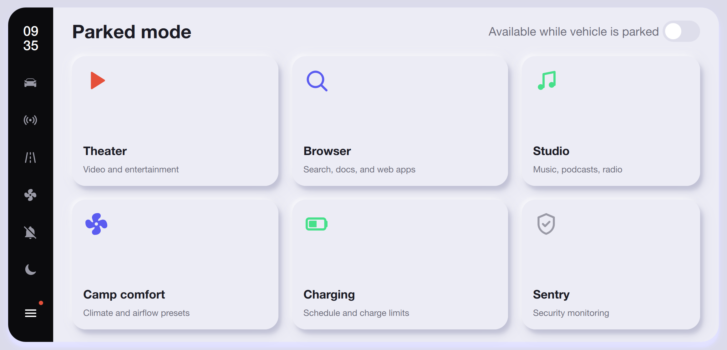 Parked Mode — Light Theme Qt/QML interface screenshot
