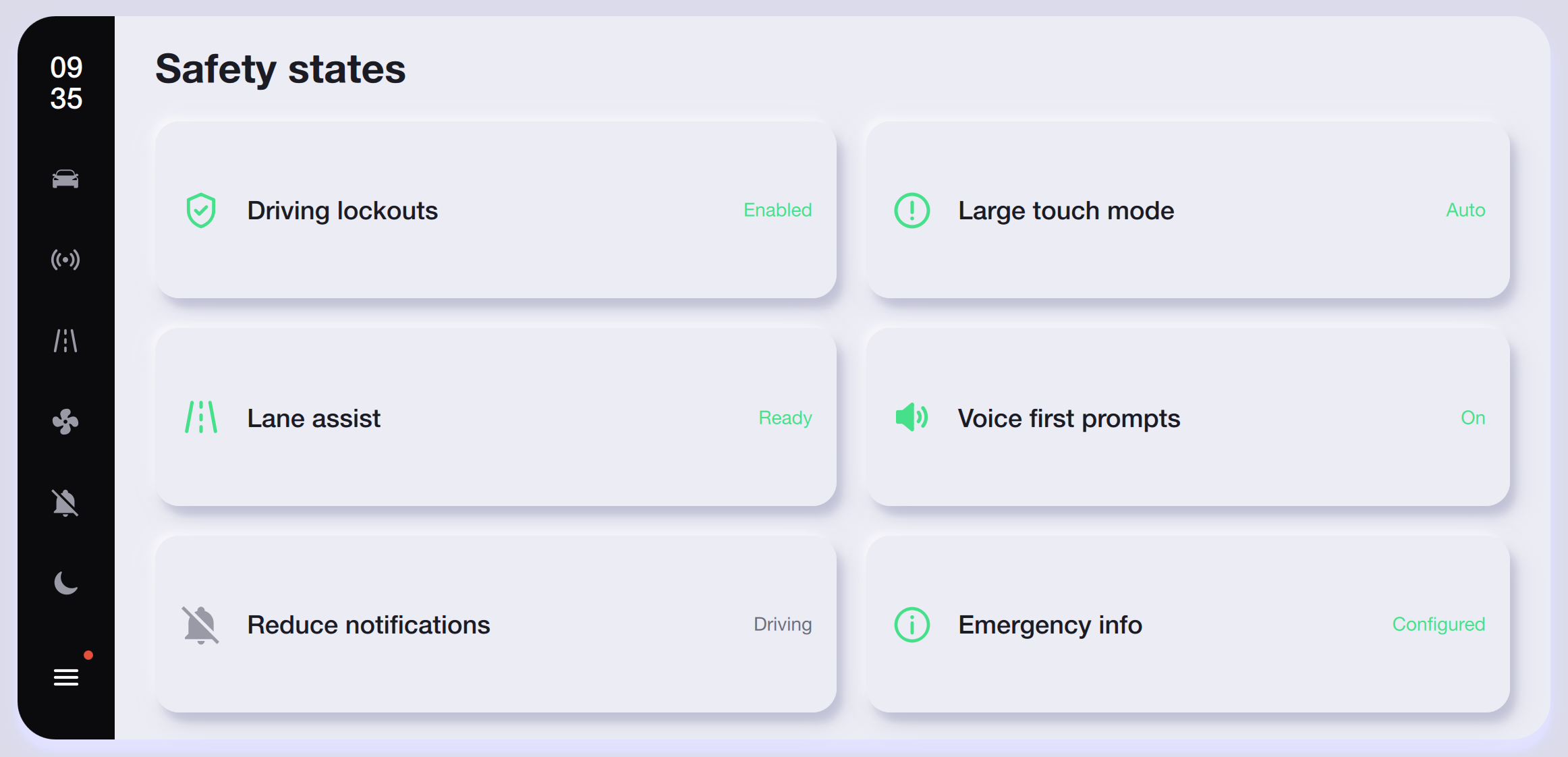 Safety & Driver Assist — Light Theme Qt/QML interface screenshot