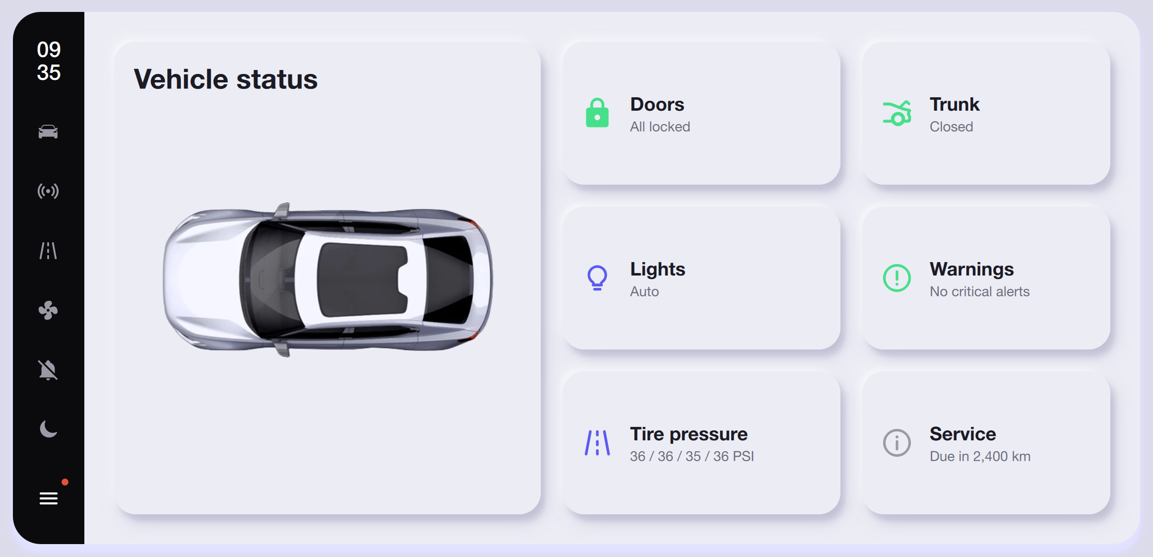 Vehicle Status Overview — Light Theme Qt/QML interface screenshot