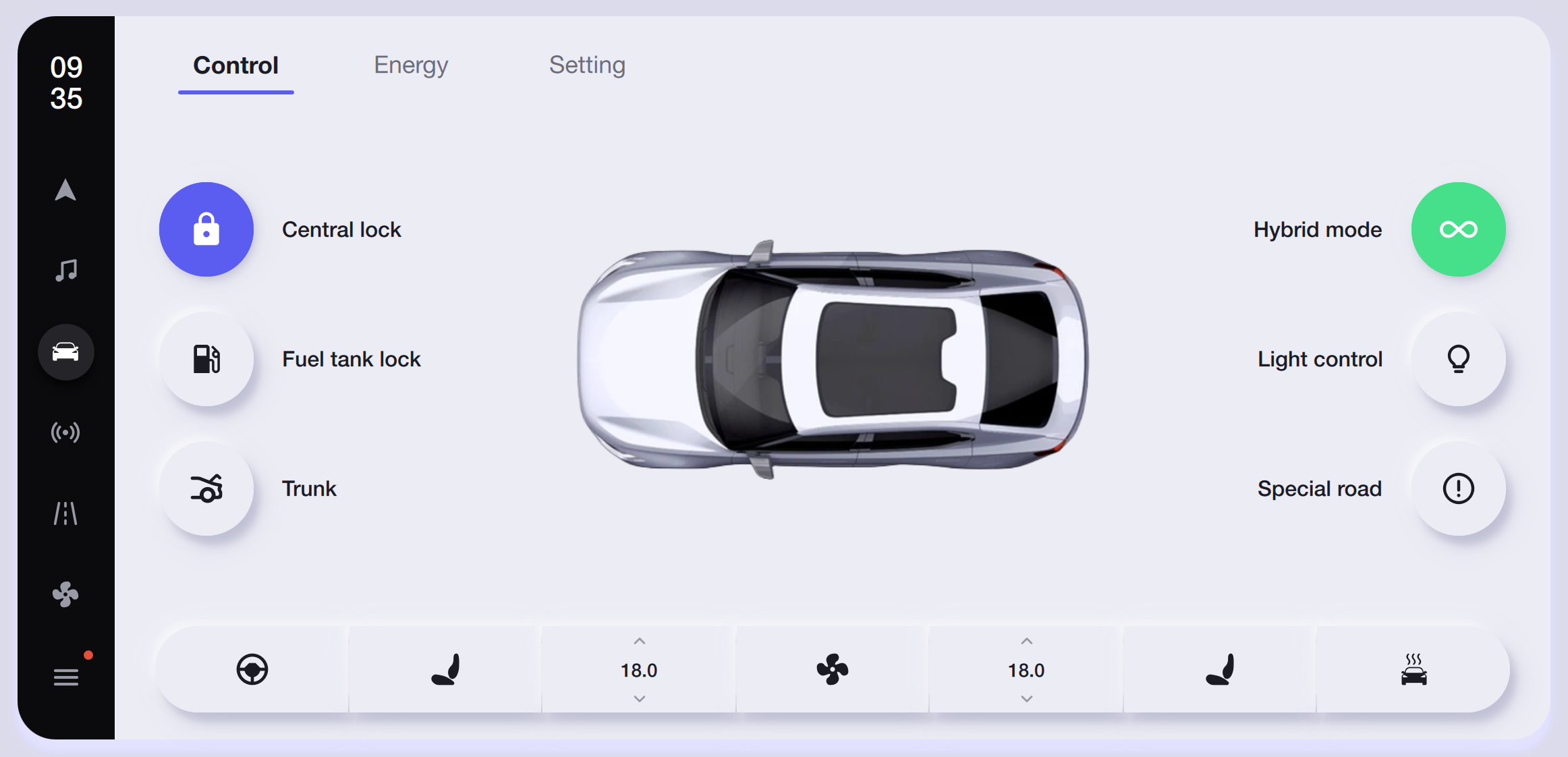 Vehicle Control Panel — Light Theme Qt/QML interface screenshot