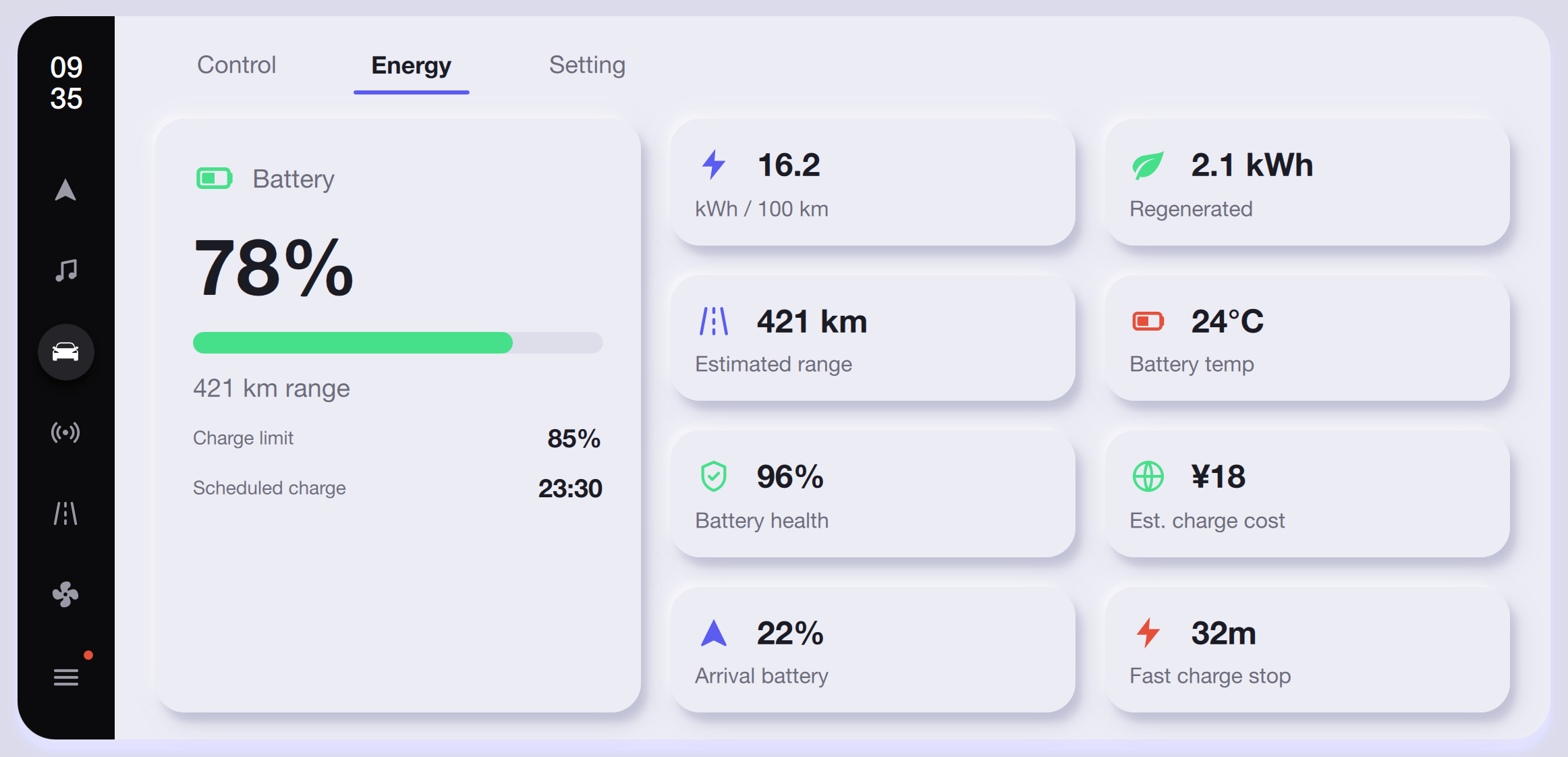 Energy & Battery Status — Light Theme Qt/QML interface screenshot