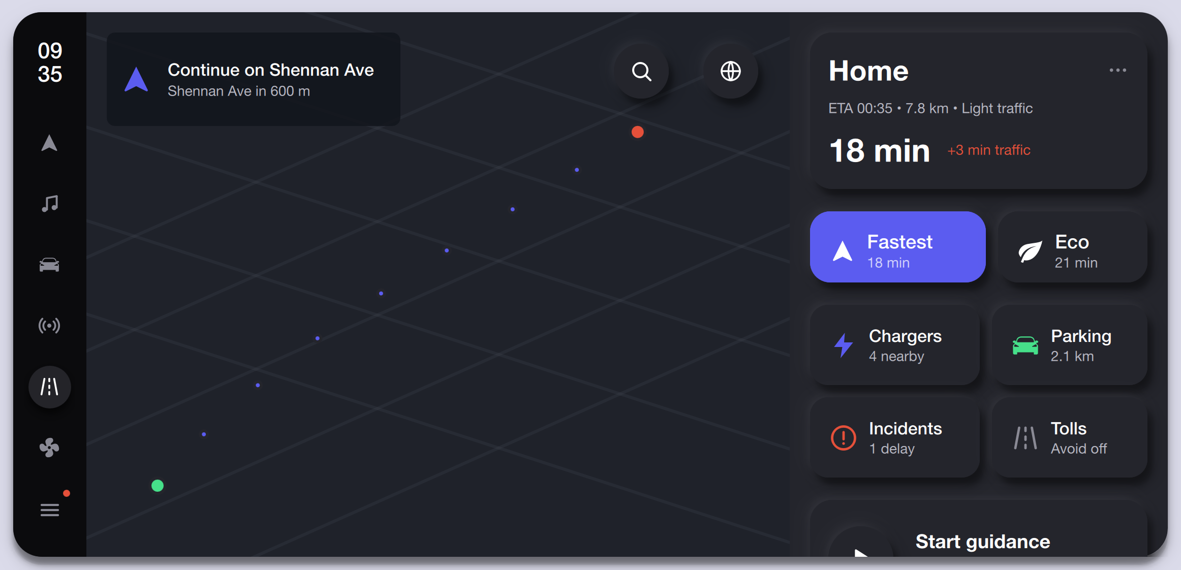 Navigation & Route Guidance — Dark Theme Qt/QML interface screenshot
