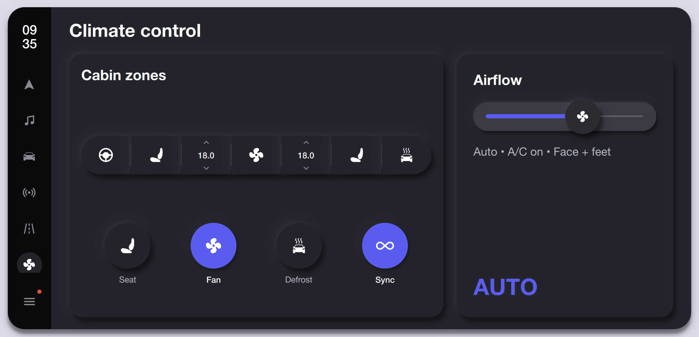 Climate Control — Dark Theme Qt/QML interface screenshot