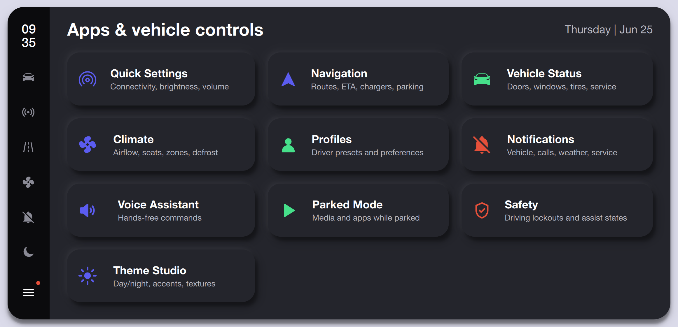 Apps & Vehicle Controls — Dark Theme Qt/QML interface screenshot