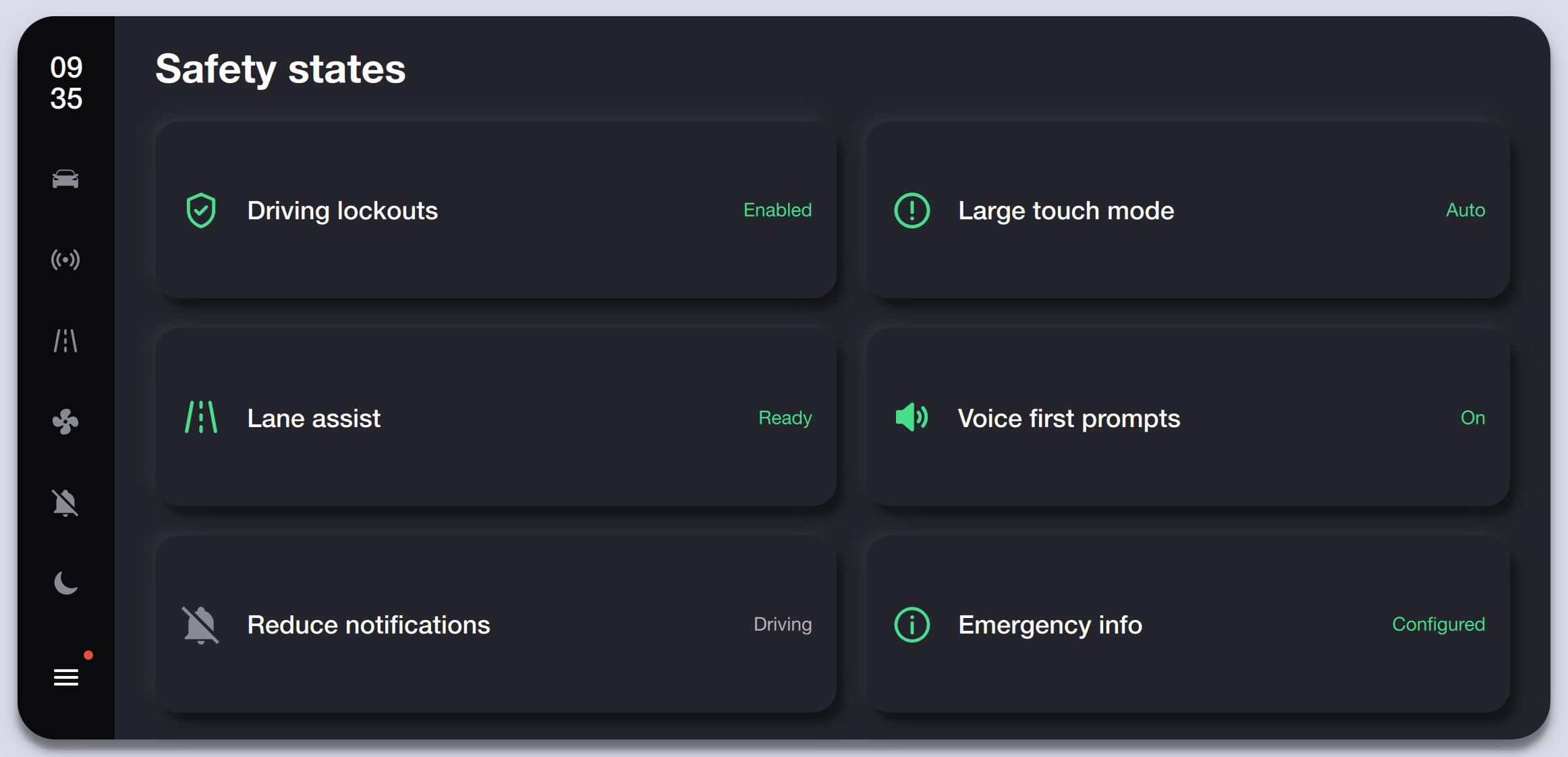 Safety & Driver Assist — Dark Theme Qt/QML interface screenshot