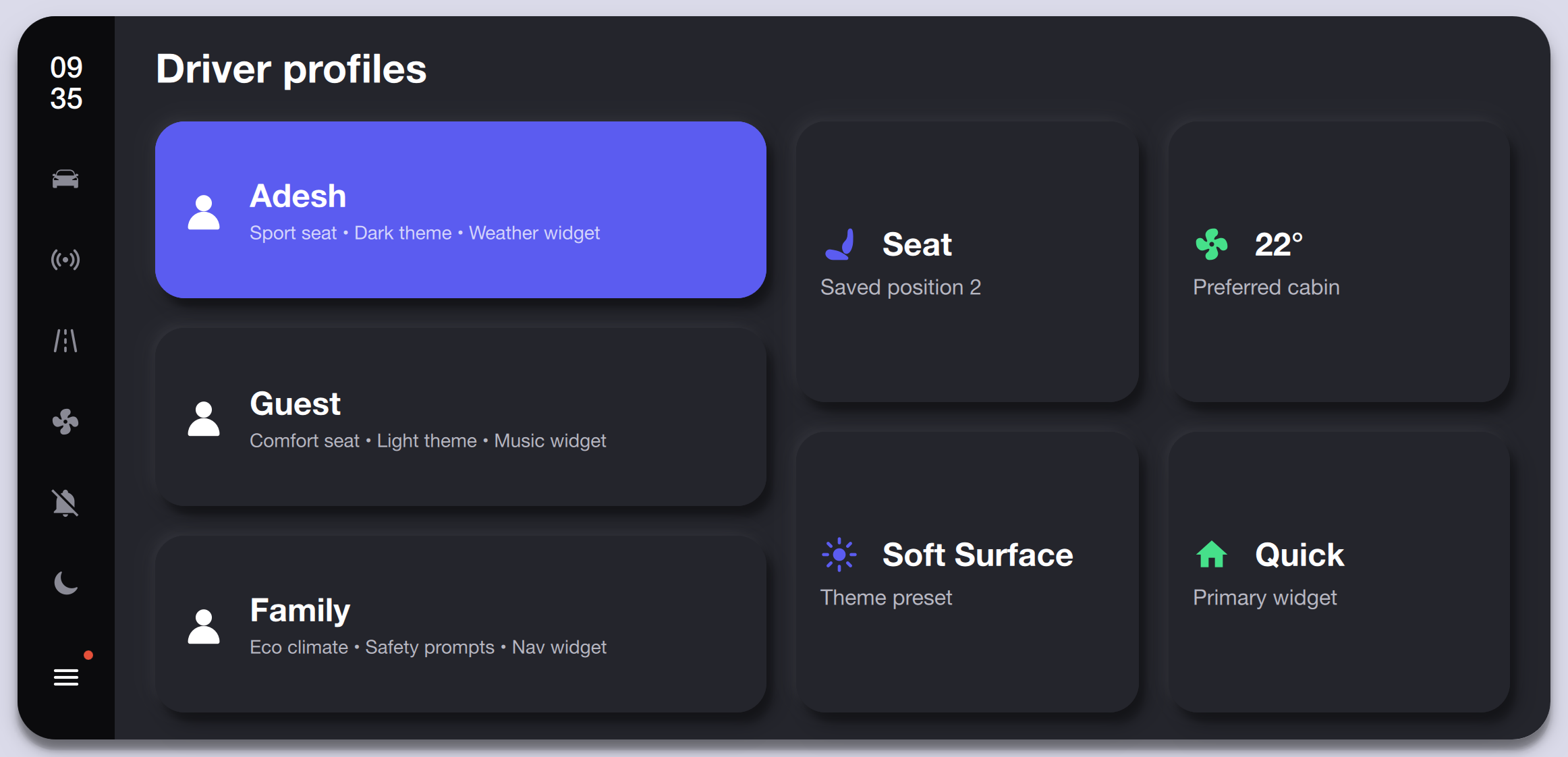 Driver Profiles — Dark Theme Qt/QML interface screenshot