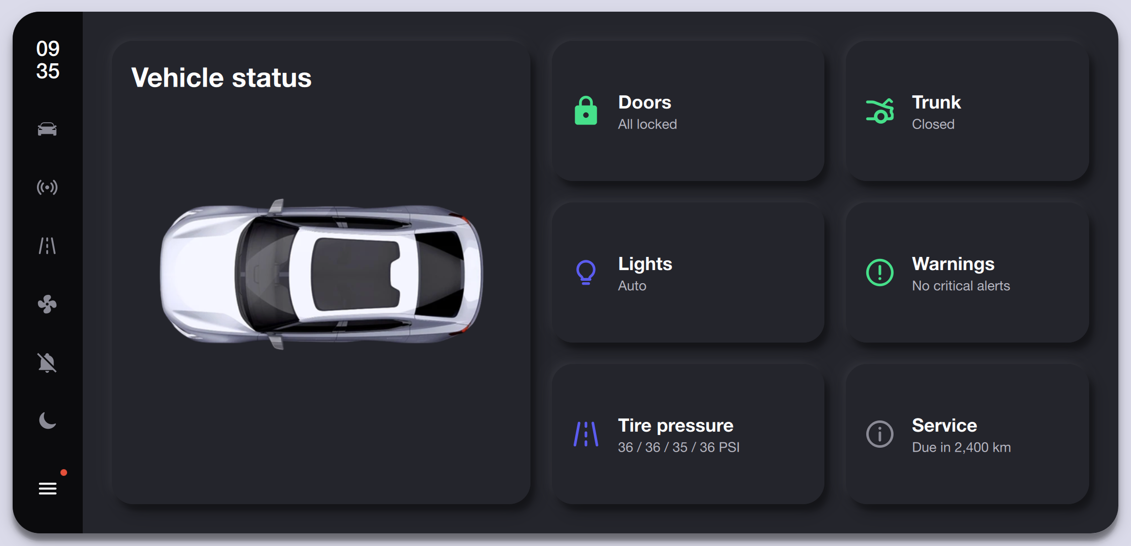Vehicle Status Overview — Dark Theme Qt/QML interface screenshot