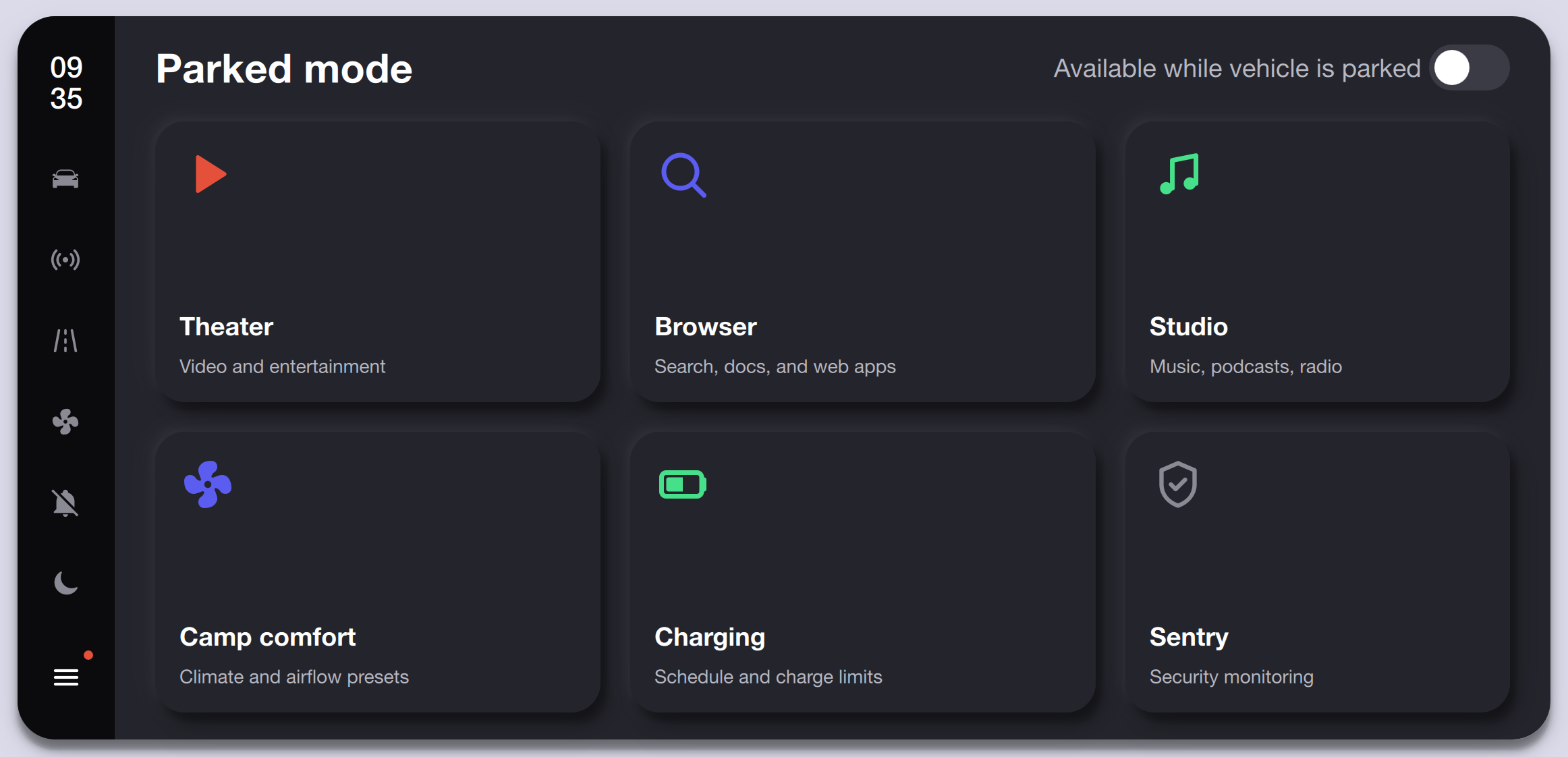 Parked Mode — Dark Theme Qt/QML interface screenshot