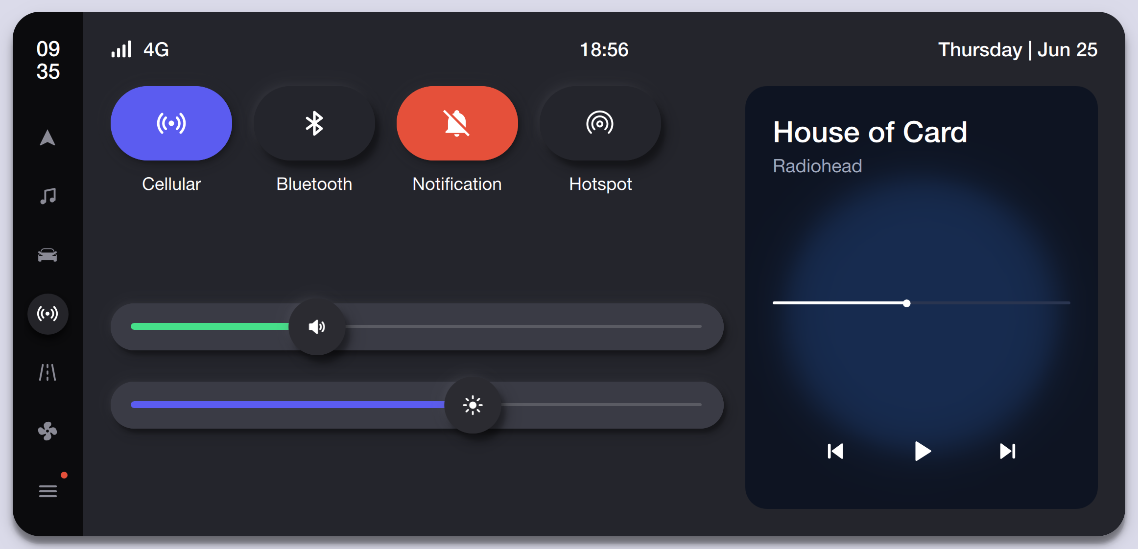 Quick Settings Overlay — Dark Theme Qt/QML interface screenshot