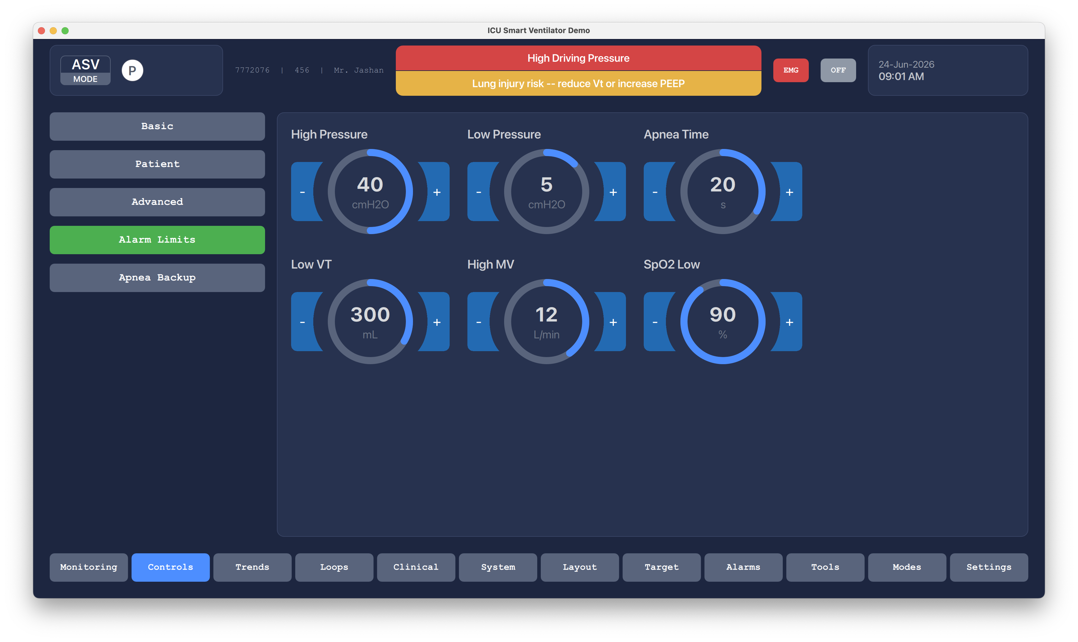 Alarm Limit Controls Qt/QML interface screenshot