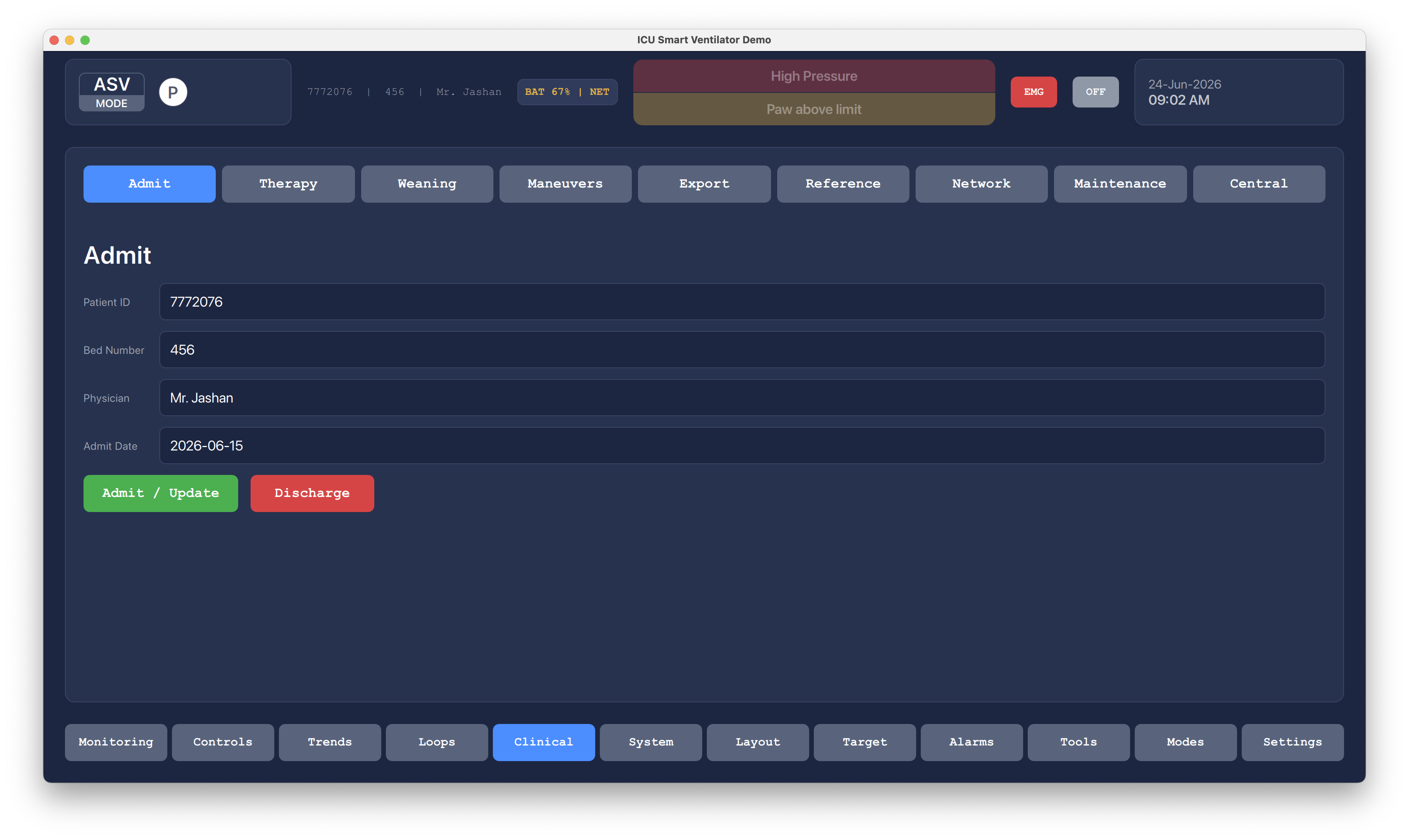 Clinical Admission Record Qt/QML interface screenshot