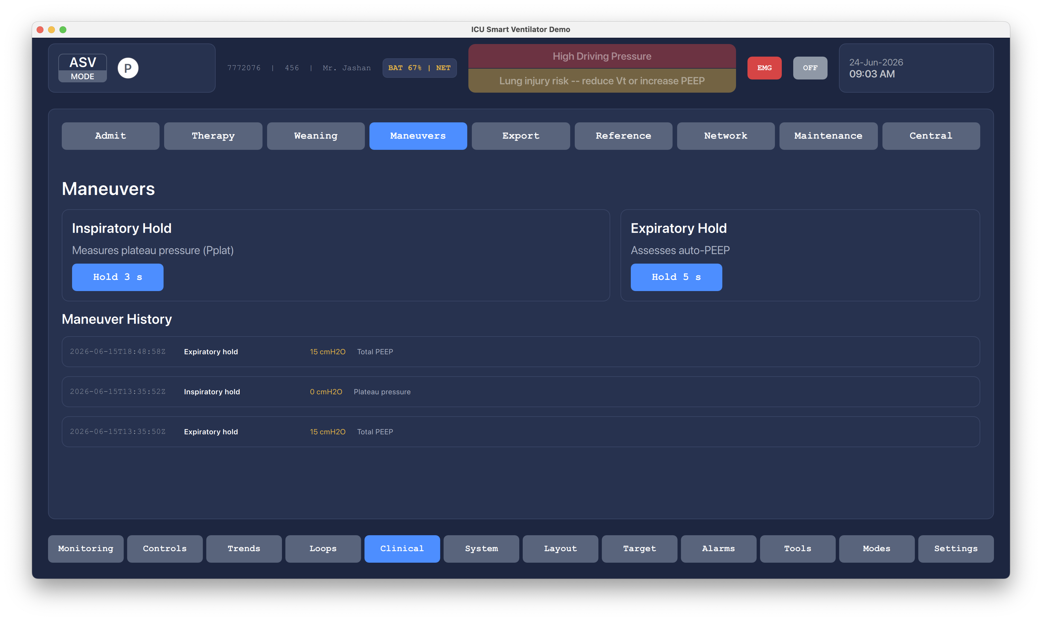 Respiratory Maneuvers Qt/QML interface screenshot