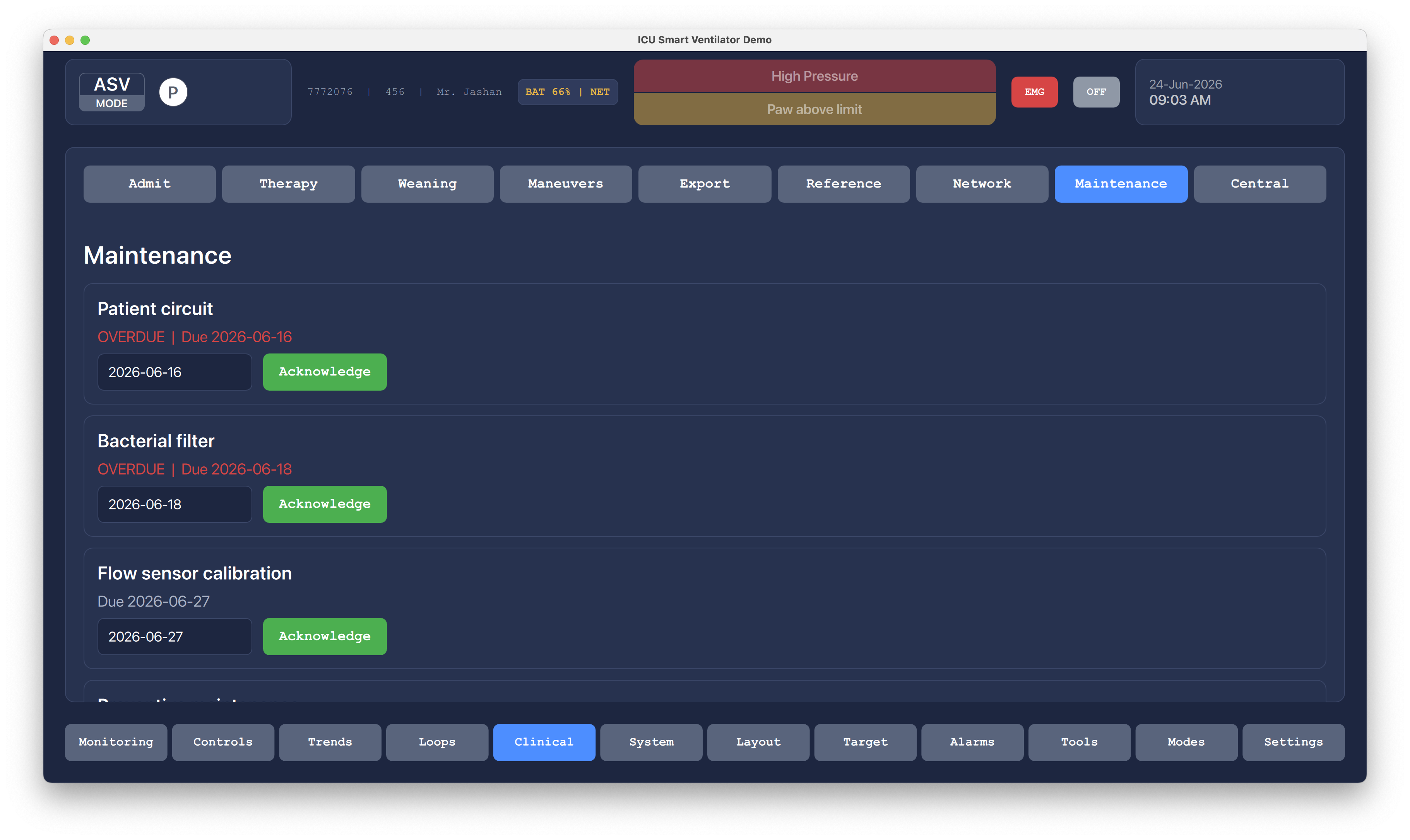 Maintenance Overview Qt/QML interface screenshot