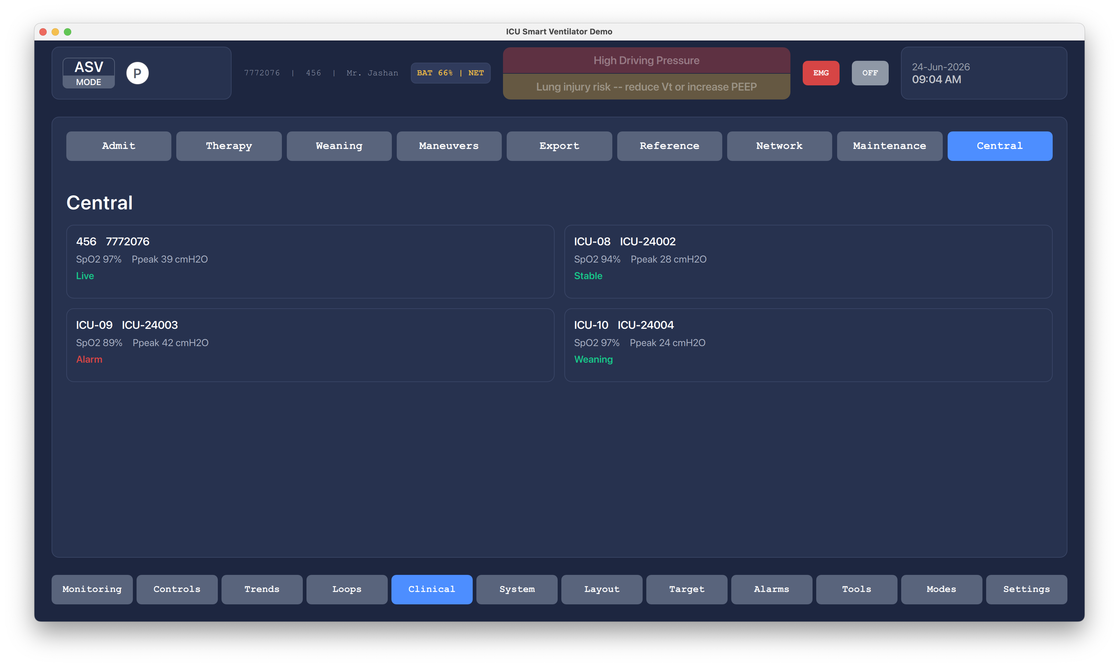 Central Monitoring Qt/QML interface screenshot