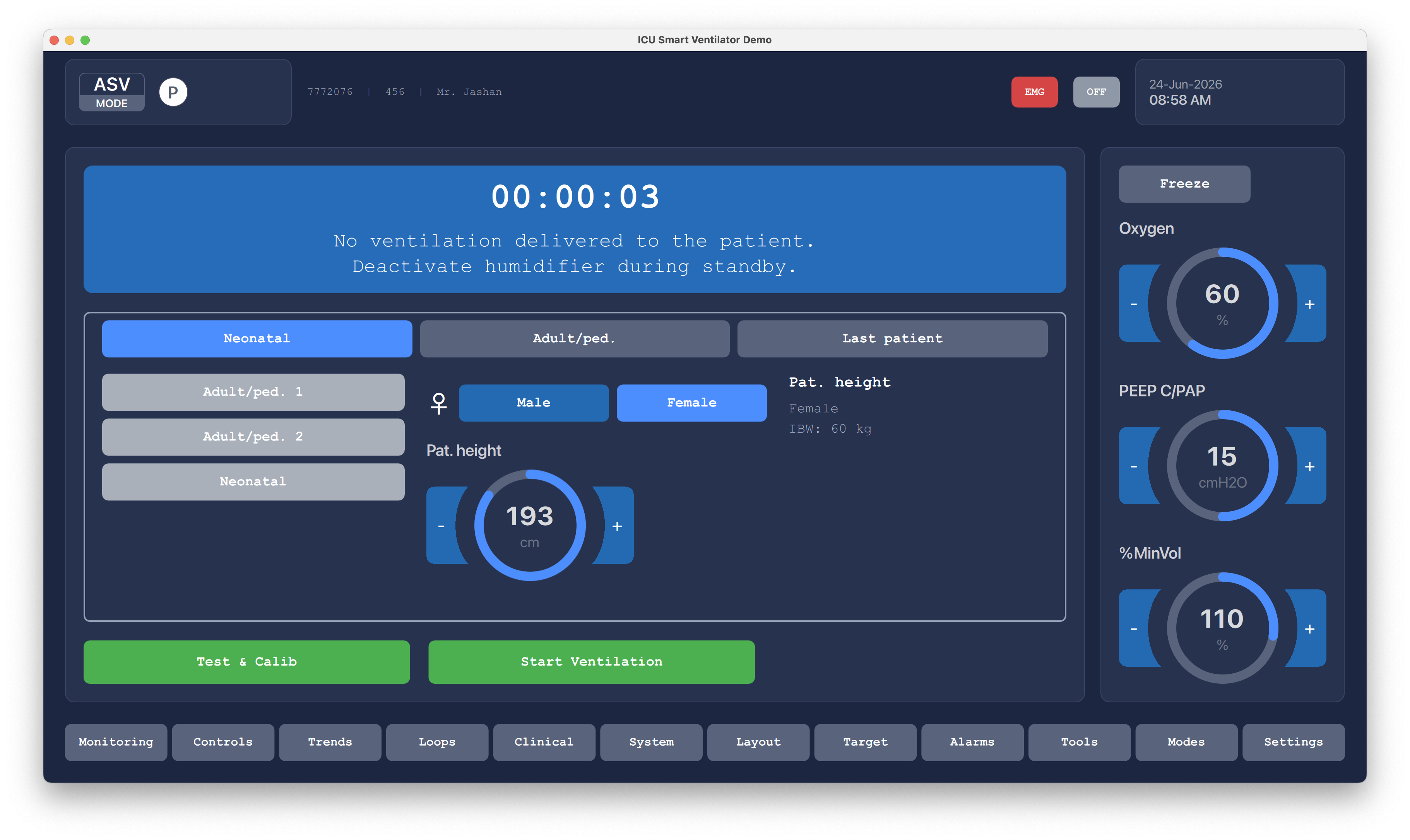 Standby And Patient Start Qt/QML interface screenshot