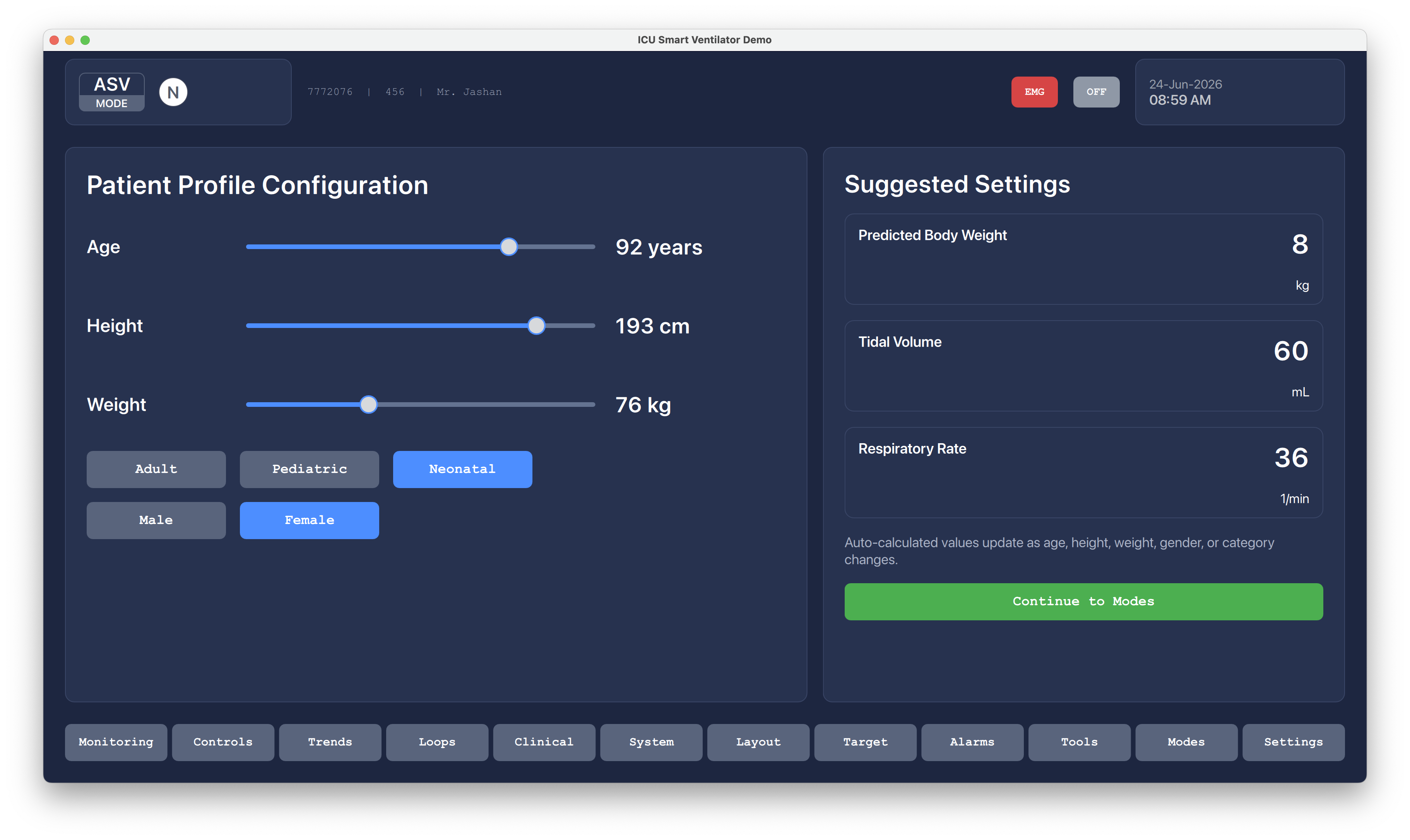 Patient Profile Configuration Qt/QML interface screenshot
